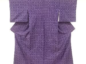 アンティーク　格子に絣柄織り出し手織り紬単衣着物(内袖付き)